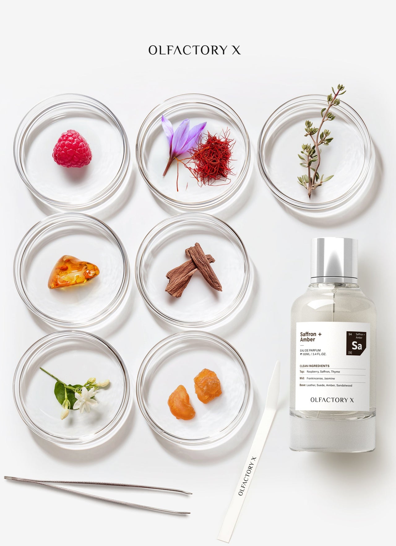 Olfactory X product with small containers of dried flowers and fruits on a white background